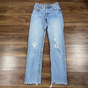Levis 501 High Rise Jeans Distressed Blue Denim Cotton Straight Leg Womens 25X32